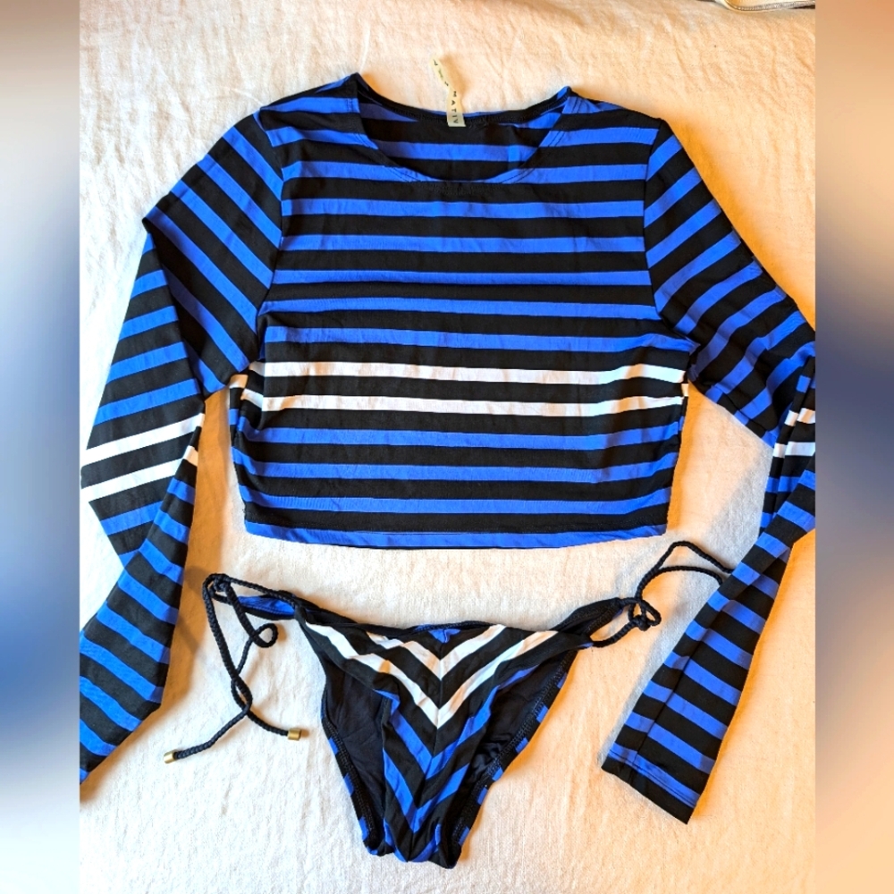 Vitamin A striped rash guard and string bottom, size small
